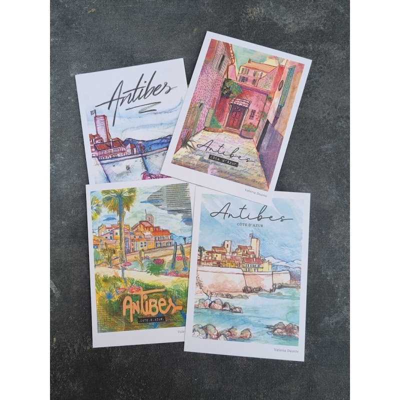 4 cartes postales artistiques d'Antibes avec des reproductions de dessins faits main par Valeria Duarte 4 cartes postales artistiques d'Antibes avec des reproductions de dessins faits main par Valeria Duarte