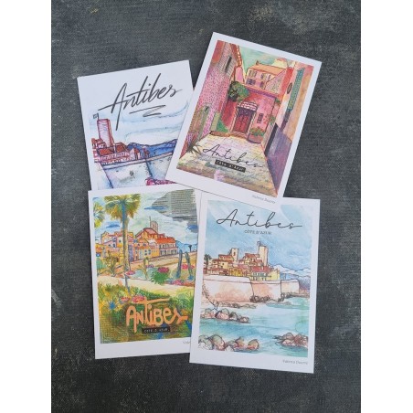 Lot de 4 cartes postales artistiques Antibes – Reproductions de dessins ...
