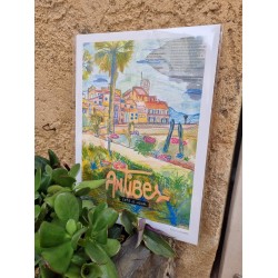 Antibes illustrée, Affiche A4, reproduction de dessin fait main sur papier recyclé, la promenade Amiral de Grasse