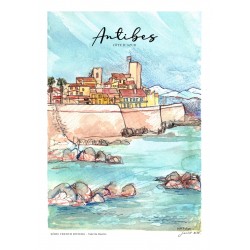 Antibes illustrée, Affiche A4, reproduction de dessin fait main sur papier recyclé