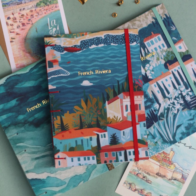 Carnet de note A5 type discret french riviera Côte d'Azur, couture copte, tissu motif mer