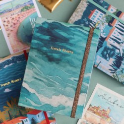 Carnet de note A5 type discret french riviera Côte d'Azur, couture copte, tissu motif mer