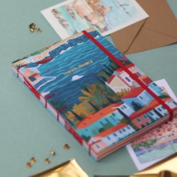 Carnet de note A5 type discret french riviera Côte d'Azur, couture copte, tissu motif village