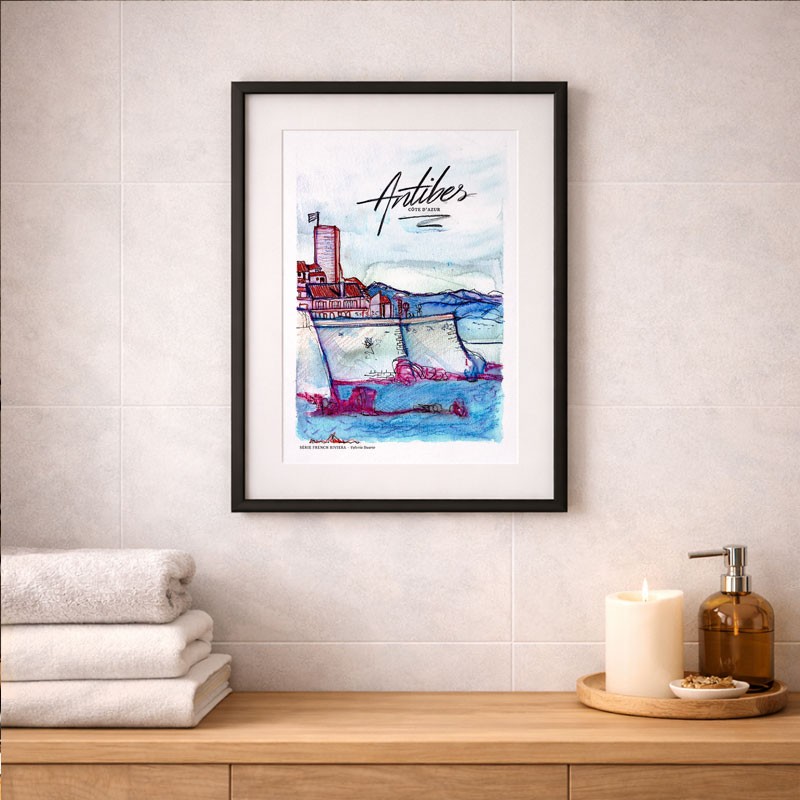 Antibes illustrée, Affiche A4, reproduction de dessin fait main sur papier recyclé