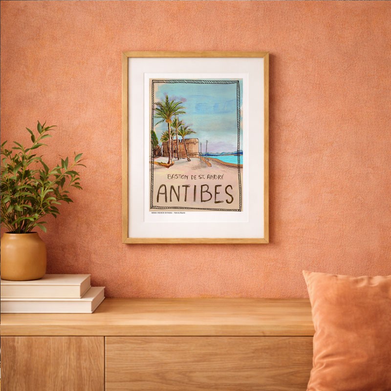 Antibes illustrée, Affiche A4, reproduction de dessin fait main sur papier recyclé, vue rue Bastion Saint André
