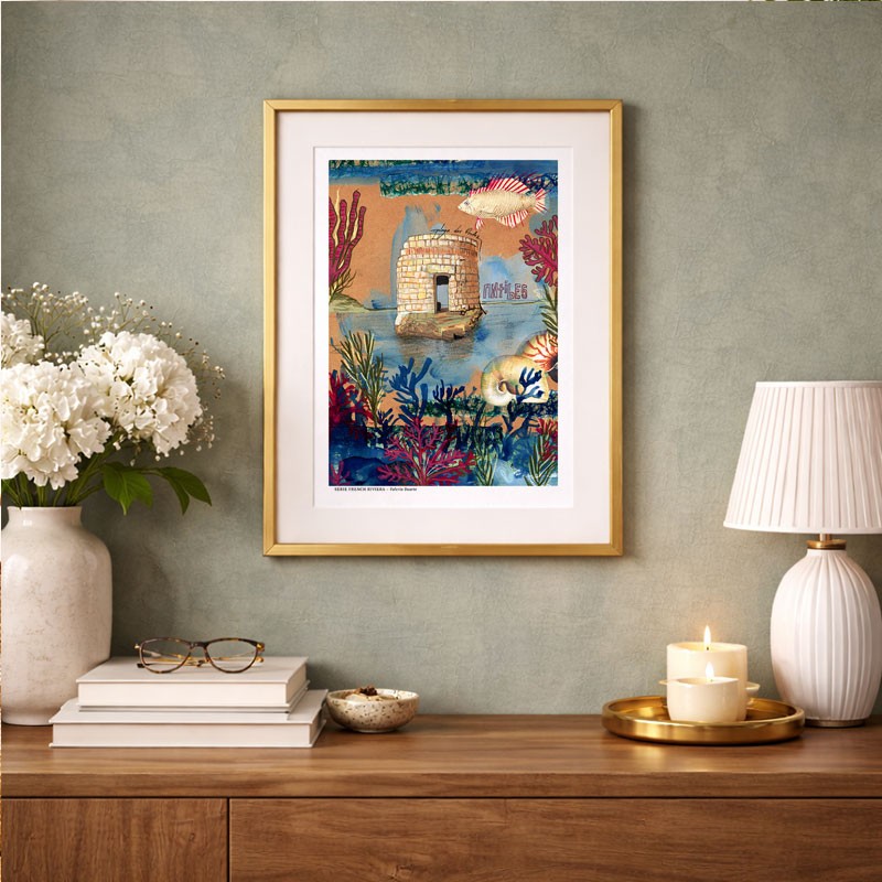 Antibes illustrée, Affiche A4, reproduction d'un dessin, de la Plage des Ondes, fait main, sur papier recyclé.