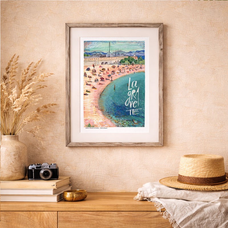 Antibes illustrée, Affiche A4, reproduction de dessin fait main sur papier recyclé, vue plage de la gravette