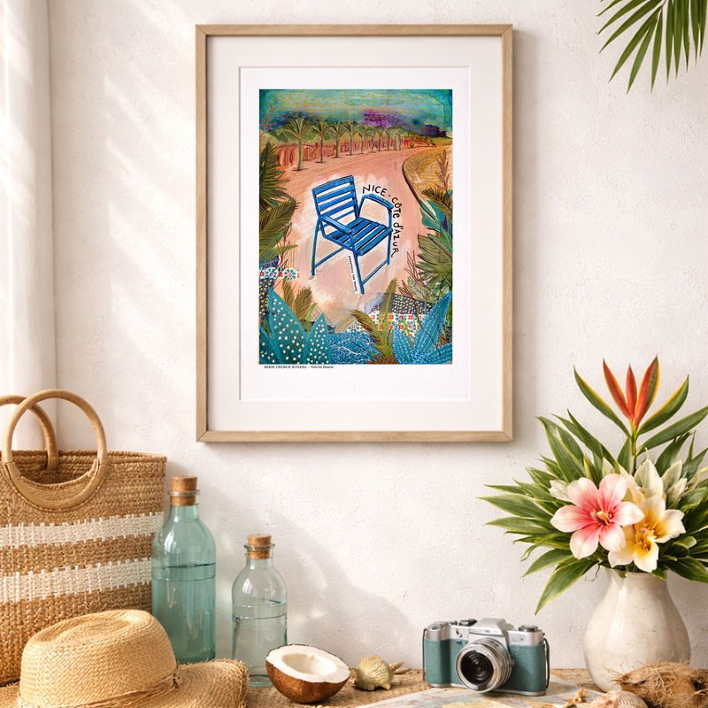 Nice illustrée, Affiche A4 Chaise Bleue, reproduction de dessin fait main sur papier recyclé, promenade des Anglais