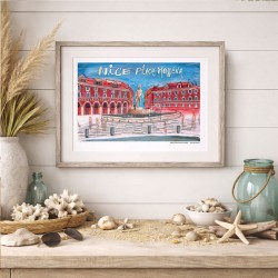 Nice illustrée, Affiche A4, reproduction de dessin fait main sur papier recyclé, Place Massena