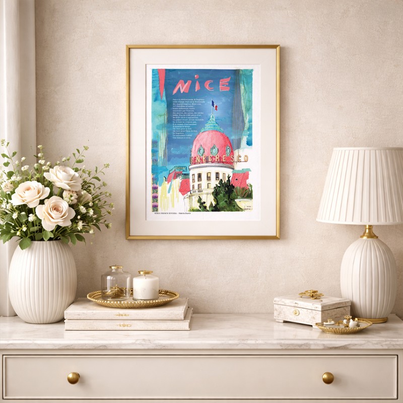 Nice illustrée, Affiche A4, Le Negresco, reproduction de dessin fait main sur papier recyclé