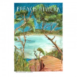 French riviera illustrée – Affiche A4, dessin fait main sur papier recyclé  plage avec arbre