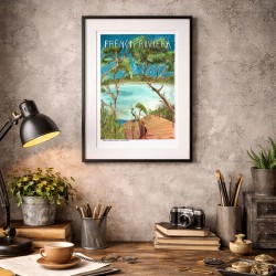 French riviera illustrée – Affiche A4, dessin fait main sur papier recyclé, plage avec arbre mis en valeur