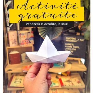 C'est l'heure de changer ma vitrine! Thématique prochaine: le voyage. Je voudrais faire un rideau de bateaux en origami. Vous venez m'aider les fabriquer et on passe un moment ensemble et convivial ?

Rien est demandé ! Je fournis le papier et je vous apprendrai le pliage sur place! Si vous voulez emmener quelque chose à partager à boire ou à manger tout est bienvenu à l'heure de l'apéro.

Il faut quand même s'inscrire vu que j'ai un espace limité. Il y a deux créneaux horaires. (Lien de réservation dans ma bio) Les enfants sont aussi bienvenus !